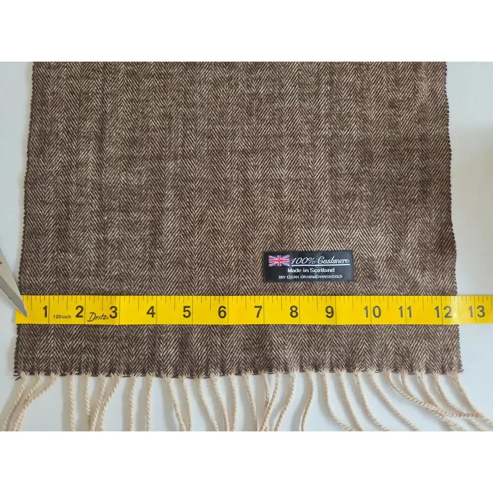 100% Cashmere Herringbone Scarf Brown Made in Scotland 67” Classic Fringe